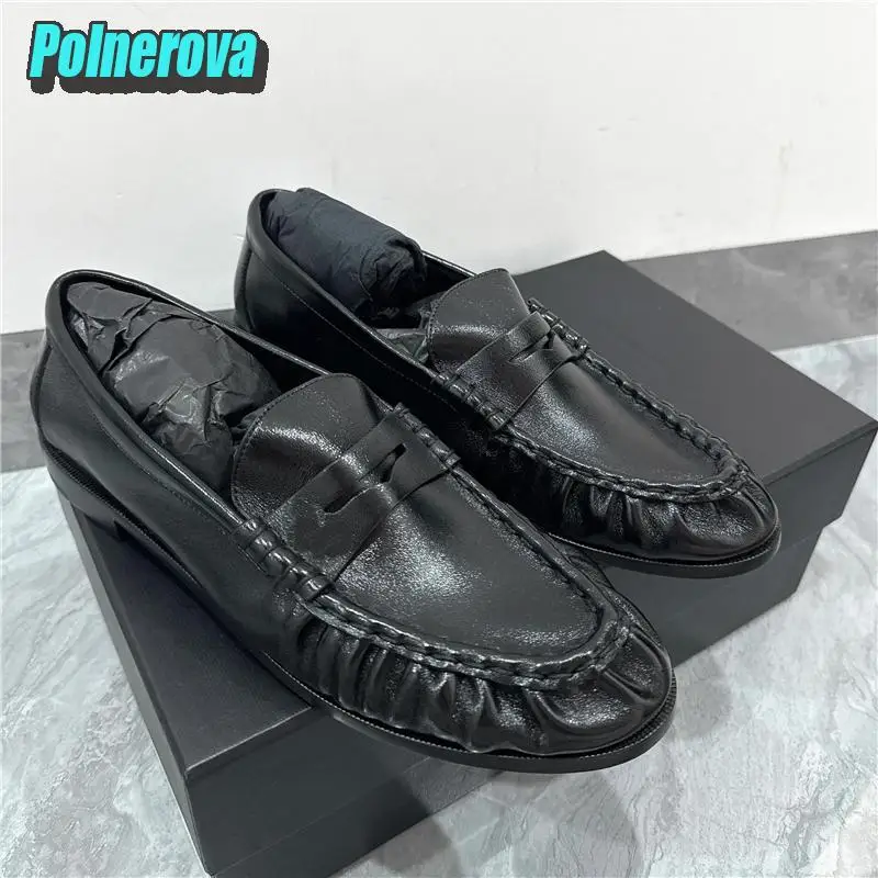 

Black Retro Pleated Loafers for Women Men Round Toe Low Heel Leather Casual Shoes Summer New Shallow Comfortable Couple Flats