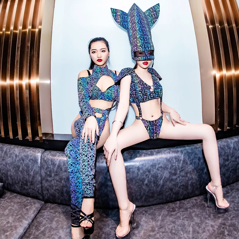 Promotion Dance Performance Costume Nightclub Personality DJ Sexy Gogo Lead Dress Hip Hop Reflective Stage Wear Women