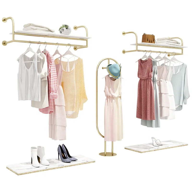 customized.Boutique Clothes Shop Wall Mounted Garment Rack Display Clothes Metal Clothing Rack With Shelves