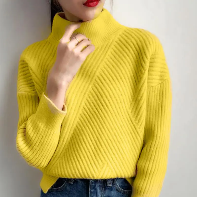 

High Quality Women Autumn Winter Sweater Knitted Female Polluver Turtleneck Femme Sweaters Knitwear 6 Colors White Yellow