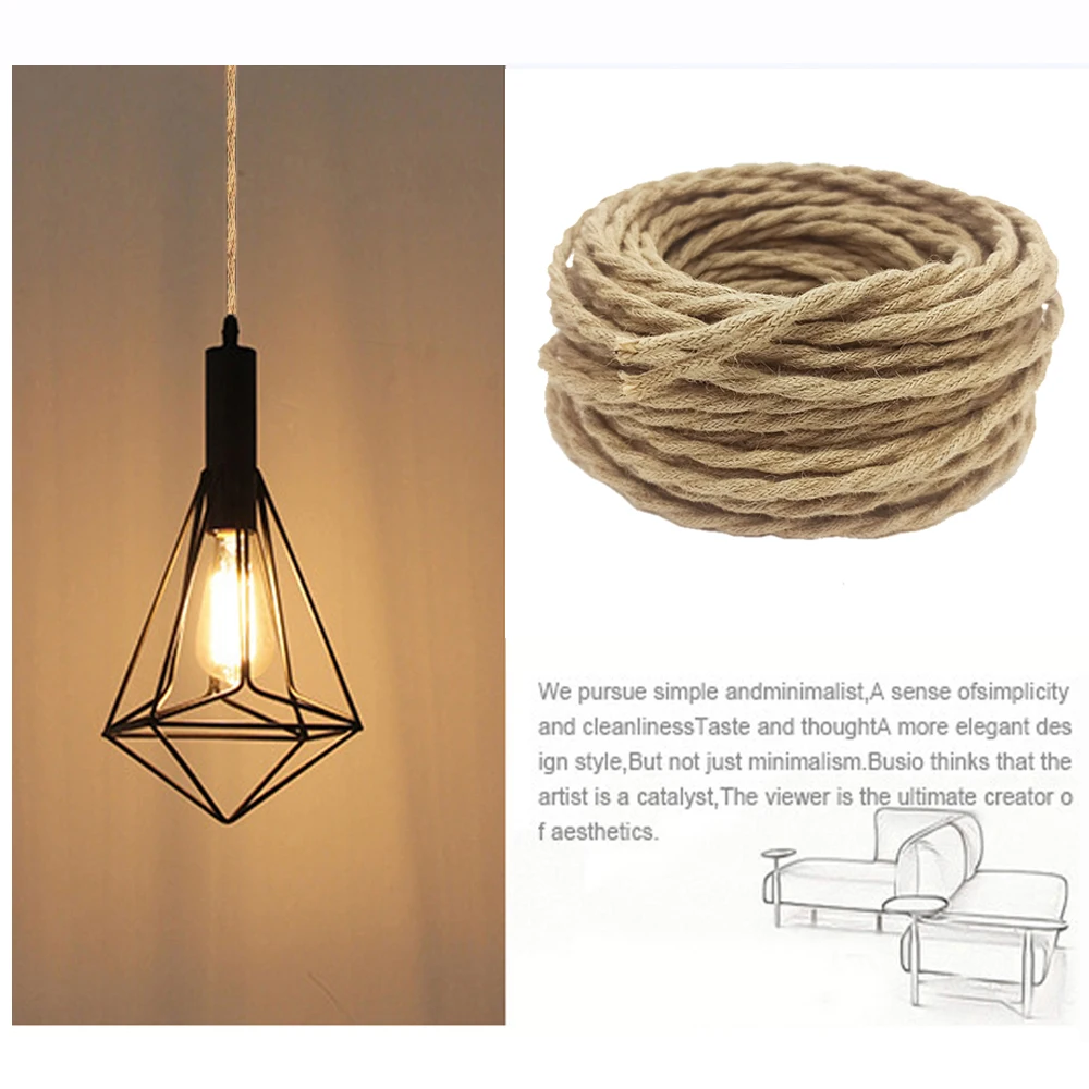 Cuerda de cáñamo trenzada para lámpara eléctrica, Cable de luz colgante Retro, 2 núcleos, 3 núcleos