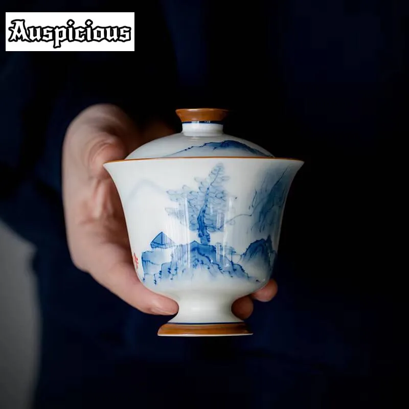 120 مللي نقية رسمت باليد الجبل تيار مخفي عالية القدم الشاي turin Underglaze اللون مغطاة السلطانية ماكينة إعداد الشاي السيراميك هدايا Gaiwan