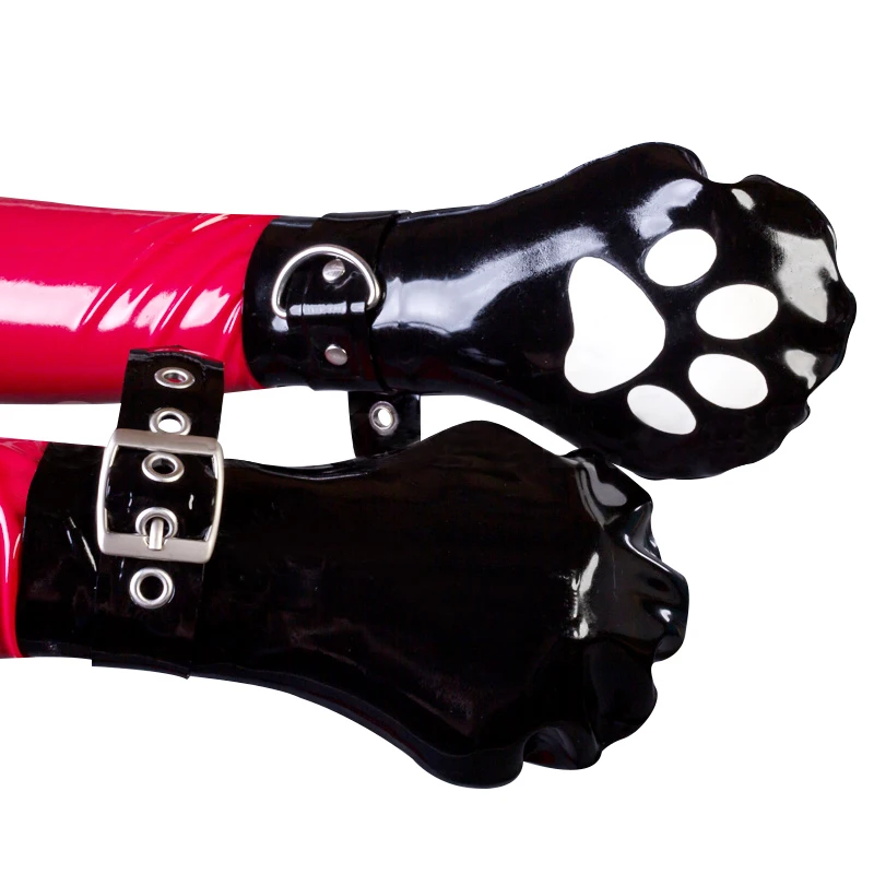 

Black And White Footprint Cat Animal Sexy Puppy Short Latex Gloves With Belts Rubber Mitts Mittens ST-0111