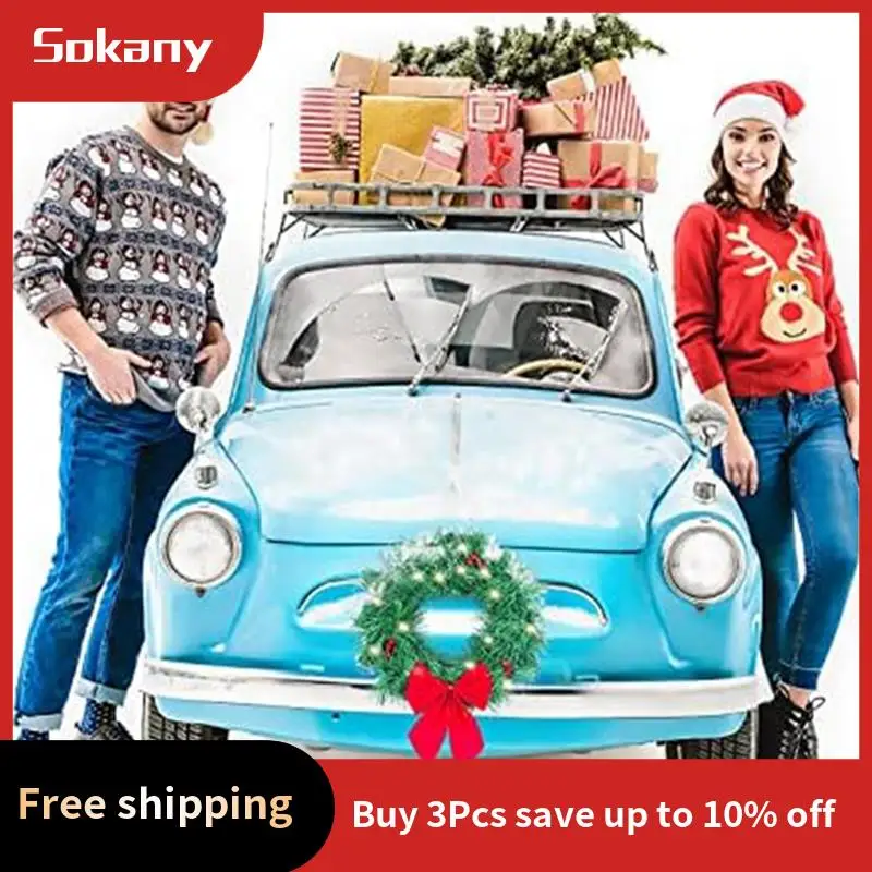 A59E-Weihnachtsdekorkranz mit Lichtern, passend für Auto, LKW, Türdekoration, Montageausrüstung im Lieferumfang enthalten