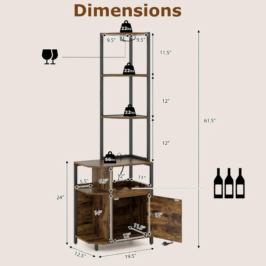 Corner Bar Cabinet with LED Lights and Power Outlet, Glass Holder, Wine Rack, Cabinet, 6-Tier Industrial Wine Cabinet with Door