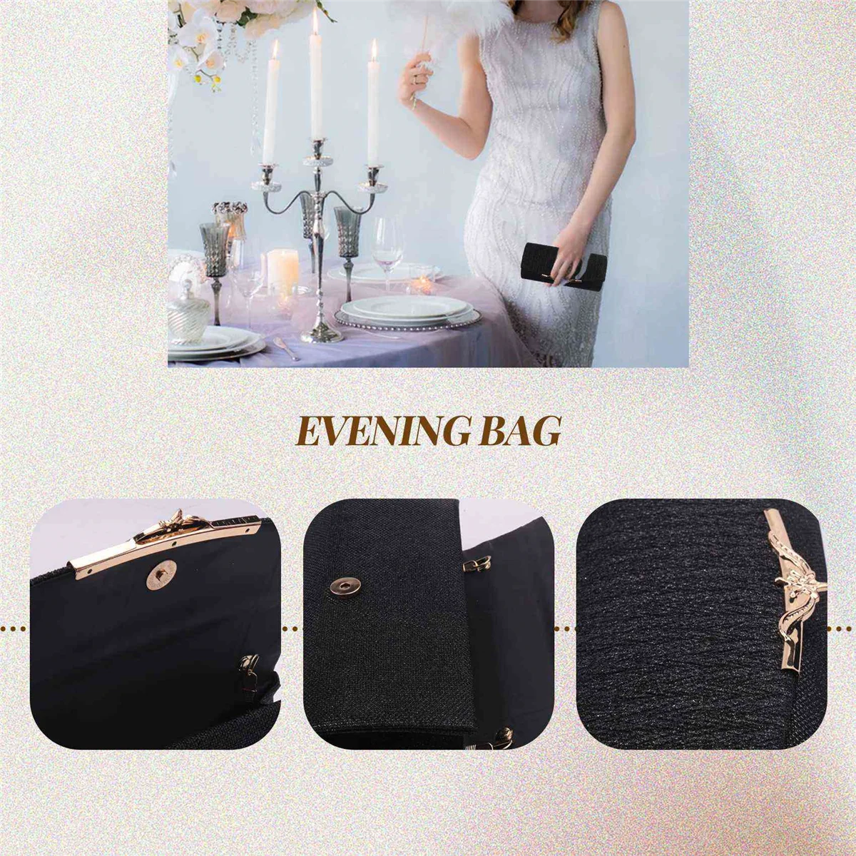 FZFZ 여성 이브닝 백 파티 연회 반짝이 가방 여성용 웨딩 클러치 핸드백 체인 숄더 백 (블랙)