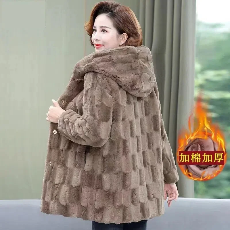 Mother's Winter Coat High-End Mink Velvet Imitation Fur Coat New Middle-Aged And Elderly Women's Hooded Thicke Mink Velvet Coat