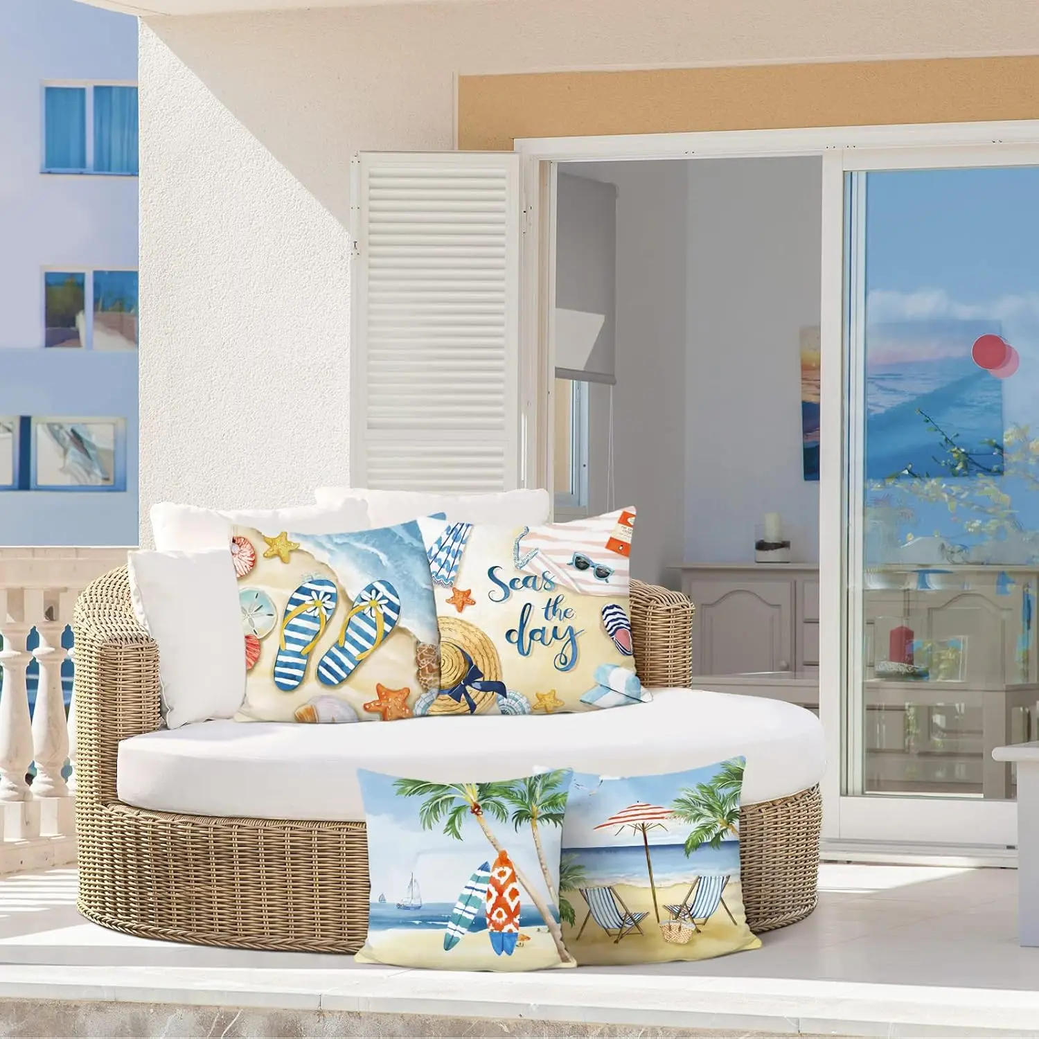 4PCS Summer Beach Pillow Case, Tropical Palm Tree Cushion Cover Seaside Scenery, Ocean Holiday Decor Sofa Throw Pillow Slipcover