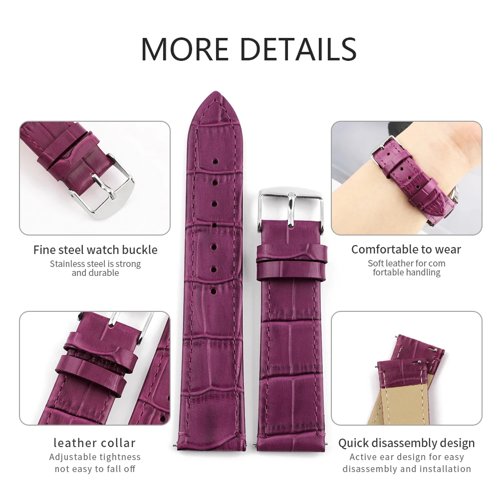 Bamboo Genuine Leather Watch Band 10mm 12mm 14mm 16mm 18mm 20mm Purple Watch Strap Bracelets Replace Watchbands Quick Release