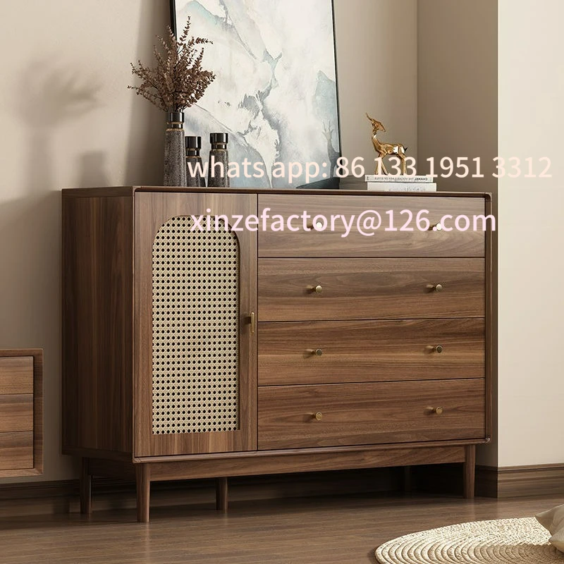 

Customizable Living Room Storage Vintage Rattan Solid Wood Leg Storage Drawer Cabinet