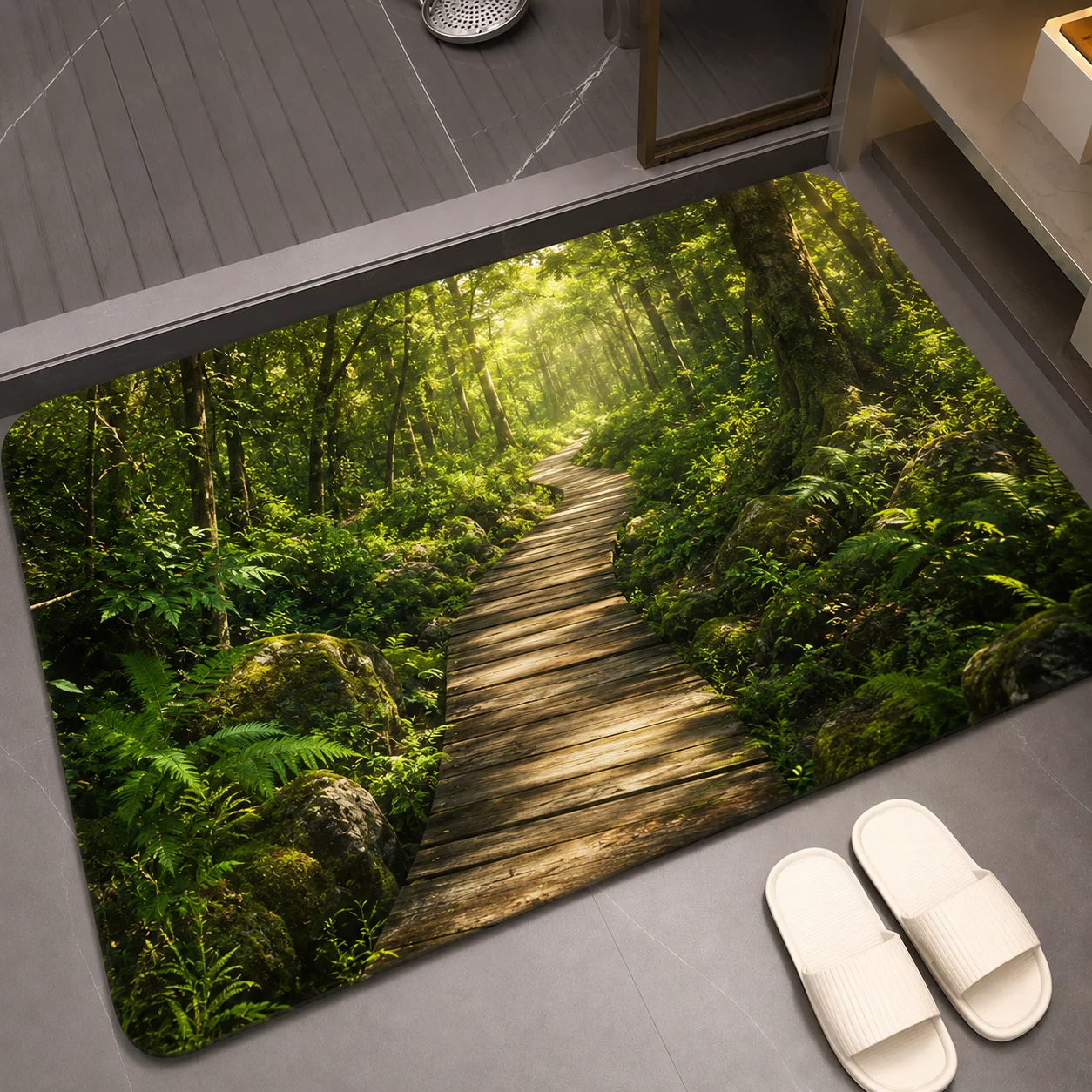 3D Visual Illusion Doormat Forest Path Wooden Bridge Printed Rugs Anti-slip Nature Bridge Floor Mat For Outdoor Bathroom Decor
