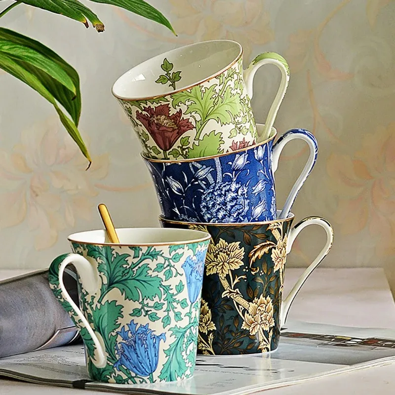 

Винтажные кружки из костяного фарфора с цветочным принтом, художественные кофейные чашки в стиле Уильям Моррис, элегантная керамическая чайная кружка для кухни, уникальная посуда для напитков в подарок