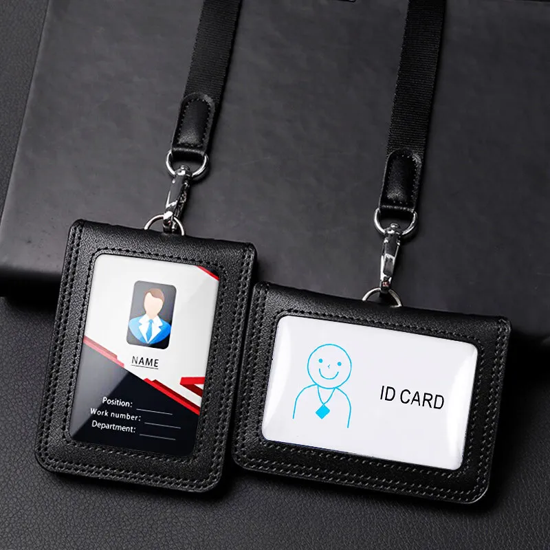 

Badge ID Credit Card Holder Real Leather Name Tag Chest Cards Cases Pouch with Lanyard Formal Business Black Blue Brown
