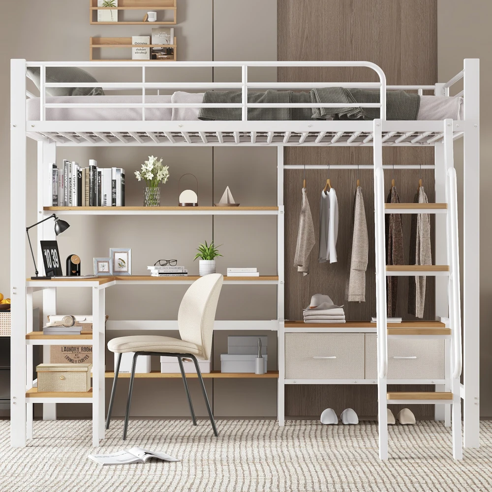 Lit mezzanine pour enfants en MDF avec cadre en fer naturel blanc, bureau intégré, étagère de rangement, échelle inclinée à quatre niveaux, deux boîtes de rangement en tissu supplémentaires, garde-corps anti-chute stable, compatible avec matelas de taille 90x200cm, meuble multifonctionnel combiné pour l'étude et le sommeil, facile à assembler