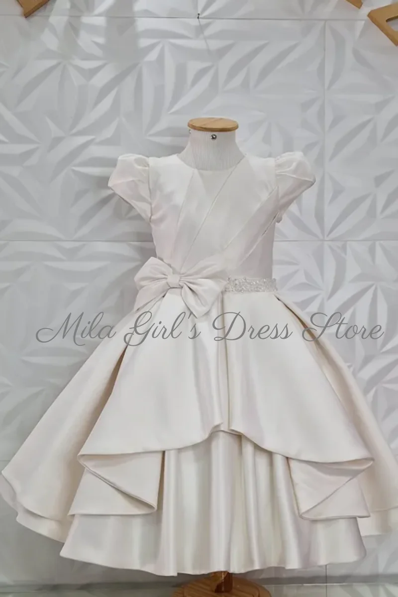 Customized Ivory Flower Girl Dress With Bow Satin Pleated Short Sleeve Ruffles Wedding Birthday Prom Party Ball Banquet Gown