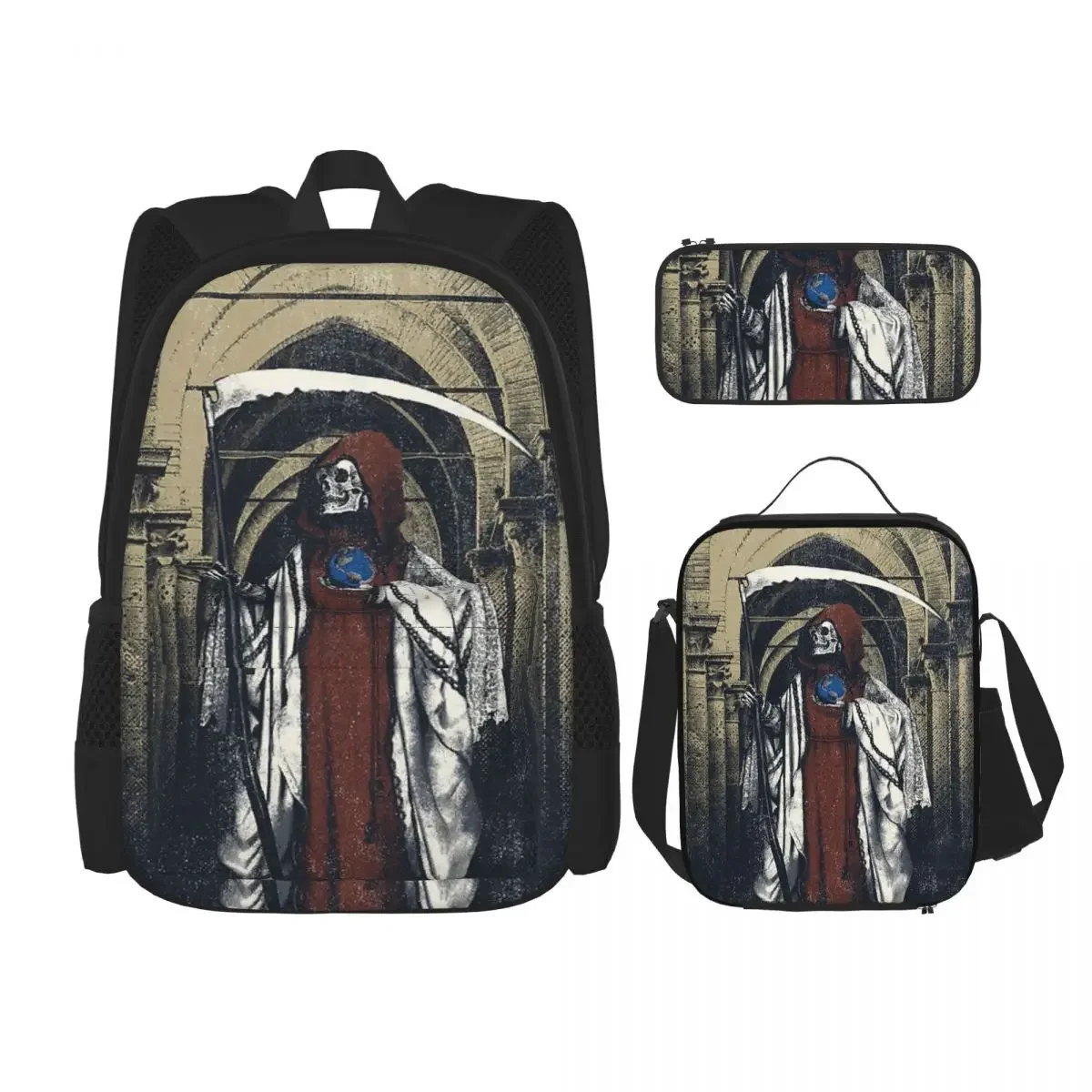 Santa Muerte Saint Death Backpacks Boys Girls Bookbag Students School Bags Cartoon Rucksack Lunch Bag Pen Bag Three-Piece Set