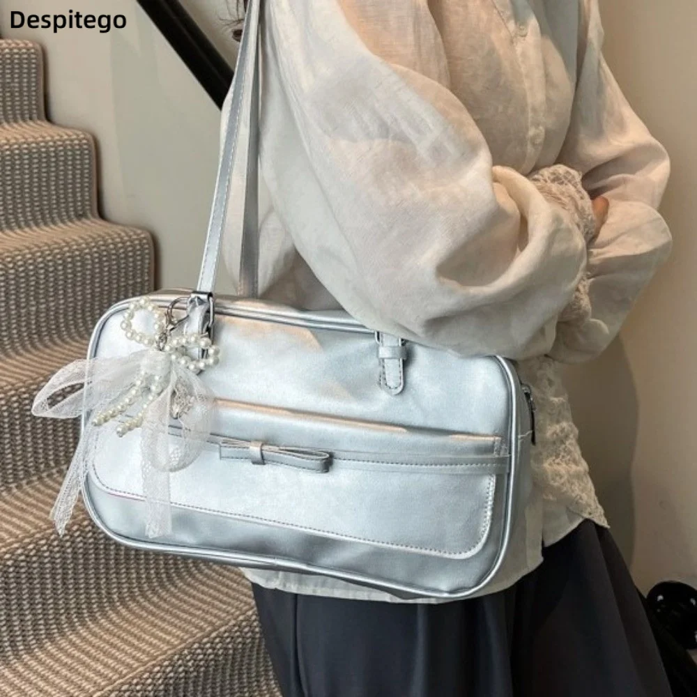 Trendy Sweet Bow Shoulder Bags Adjustable PU Cute Underarm Bag Solid Color Ribbon Pearl Pendant Tote Bag Travel