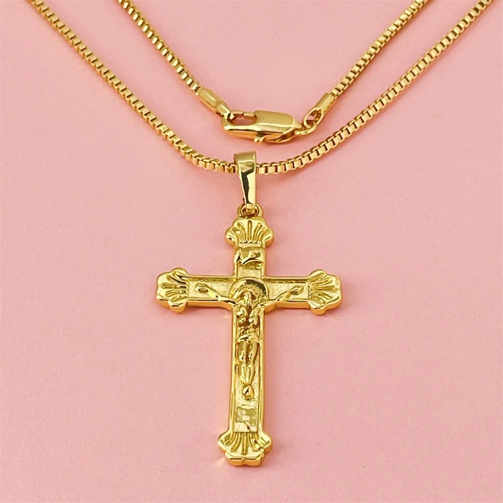 

Unisex 24K Gold (AU999) Cross Necklace Gold inlaid cross core, hammered texture with adjustable gold chain