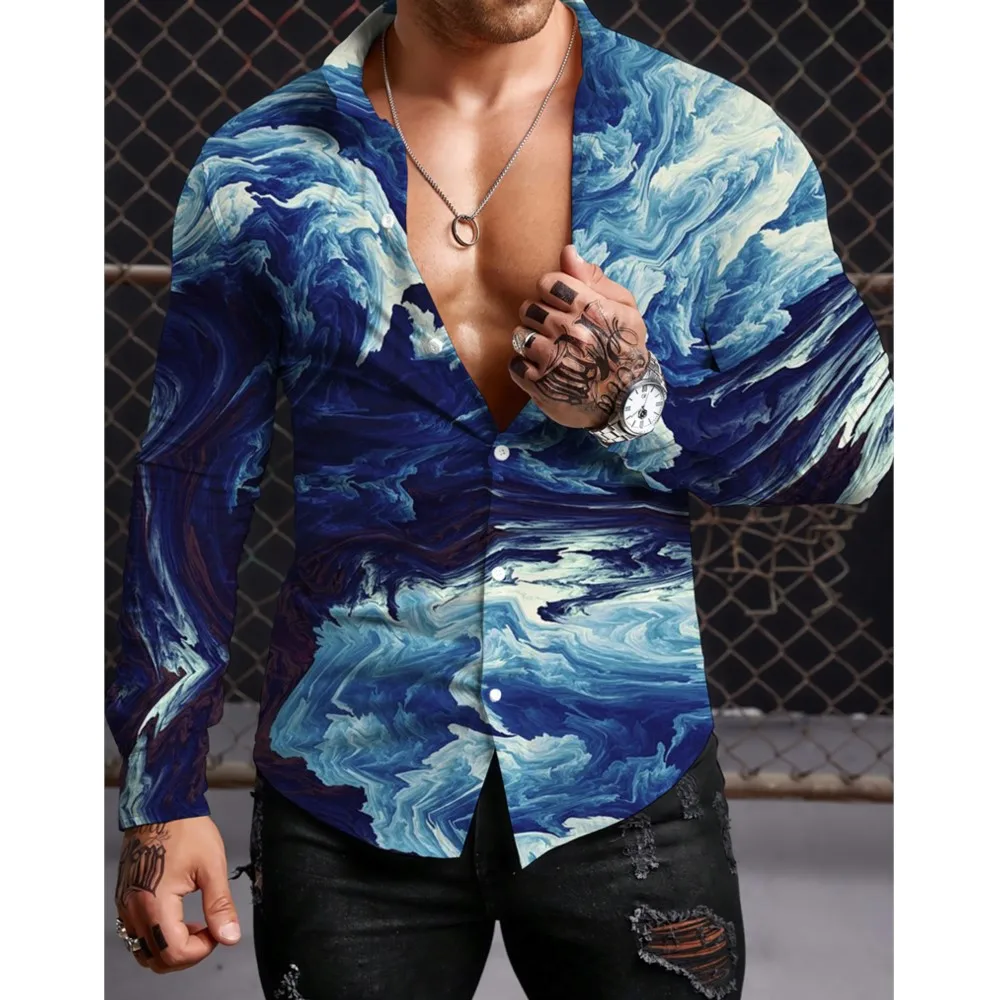 

Ethnic Style Mens Long Sleeved Shirt Autumn Comfortable Street Clothing Men Retro Printed Long Sleeved Shirt Fashion Lapel Shirt