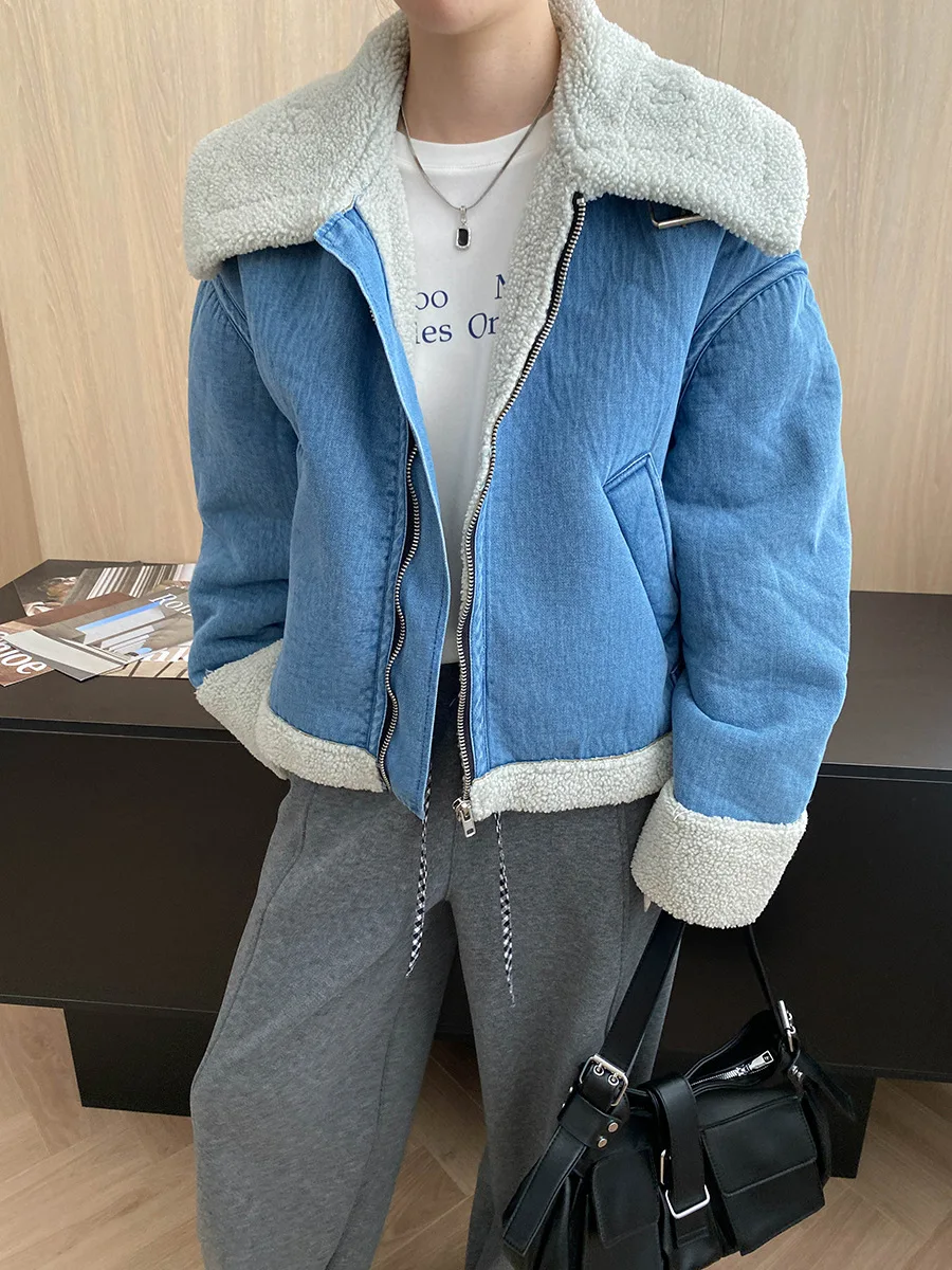Women's casual solid color high-end imitation lamb fur integrated large collar denim jacket