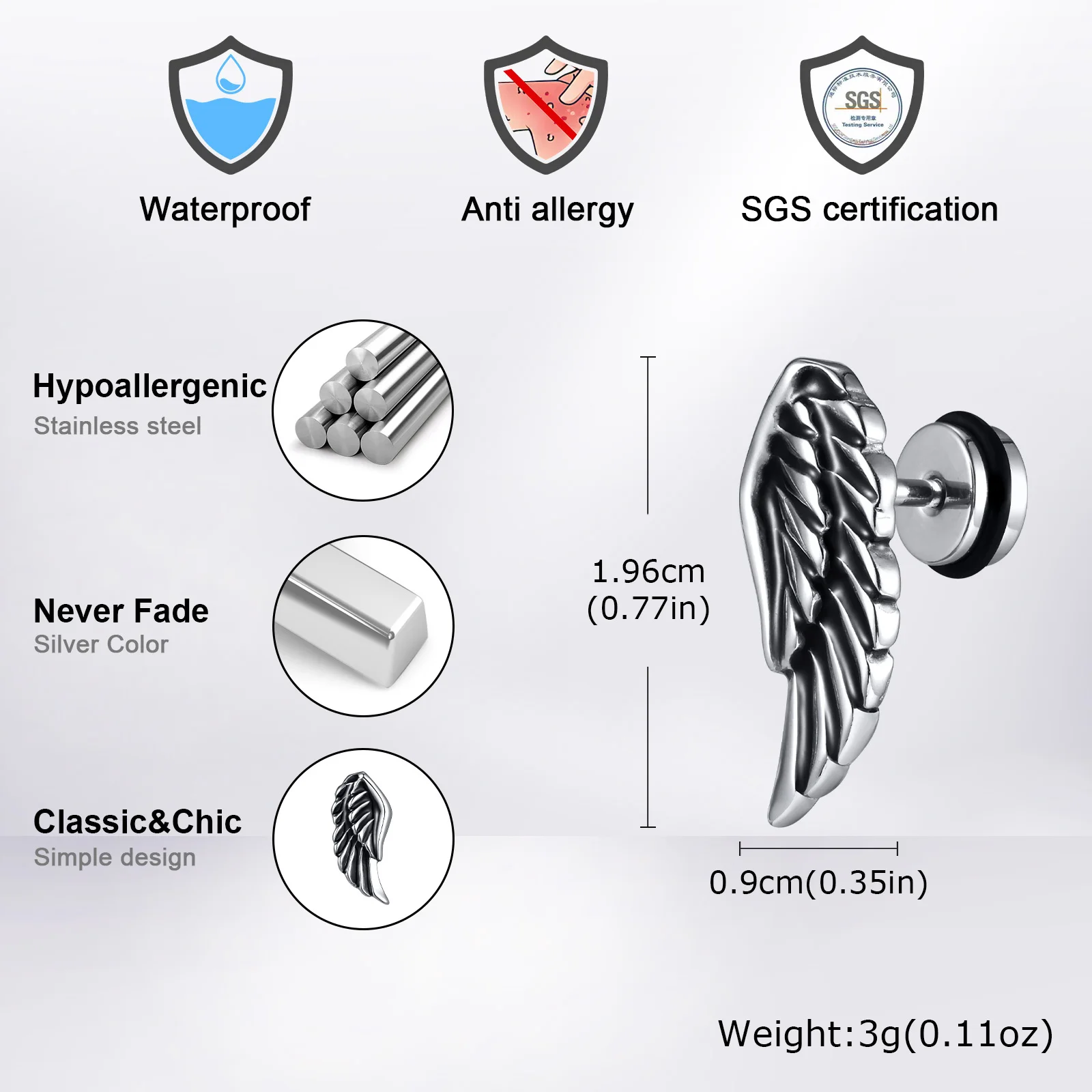 Vnox Gothic Wing Stud Earrings, Stainless Steel Feather Design