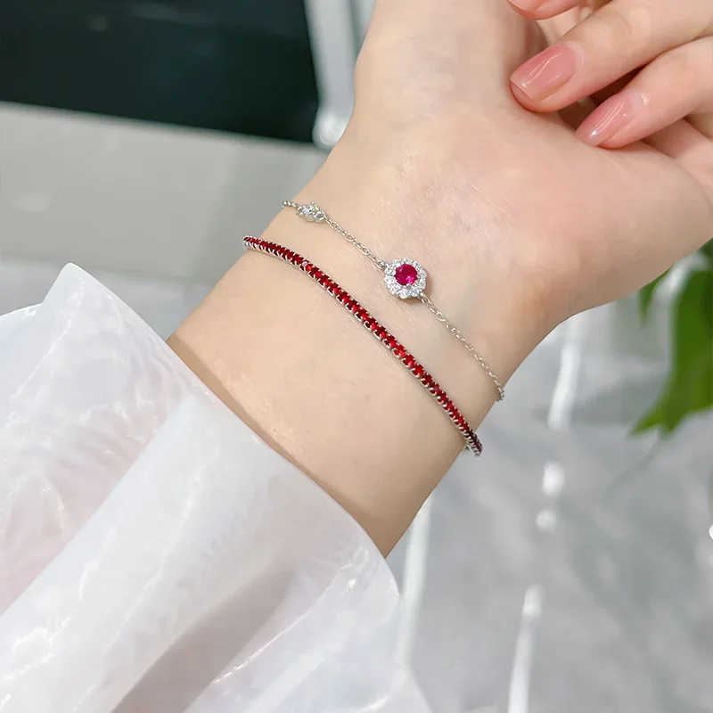 Light luxury flower bud red corundum 925 silver bracelet inlaid with high carbon diamond temperament layered for women