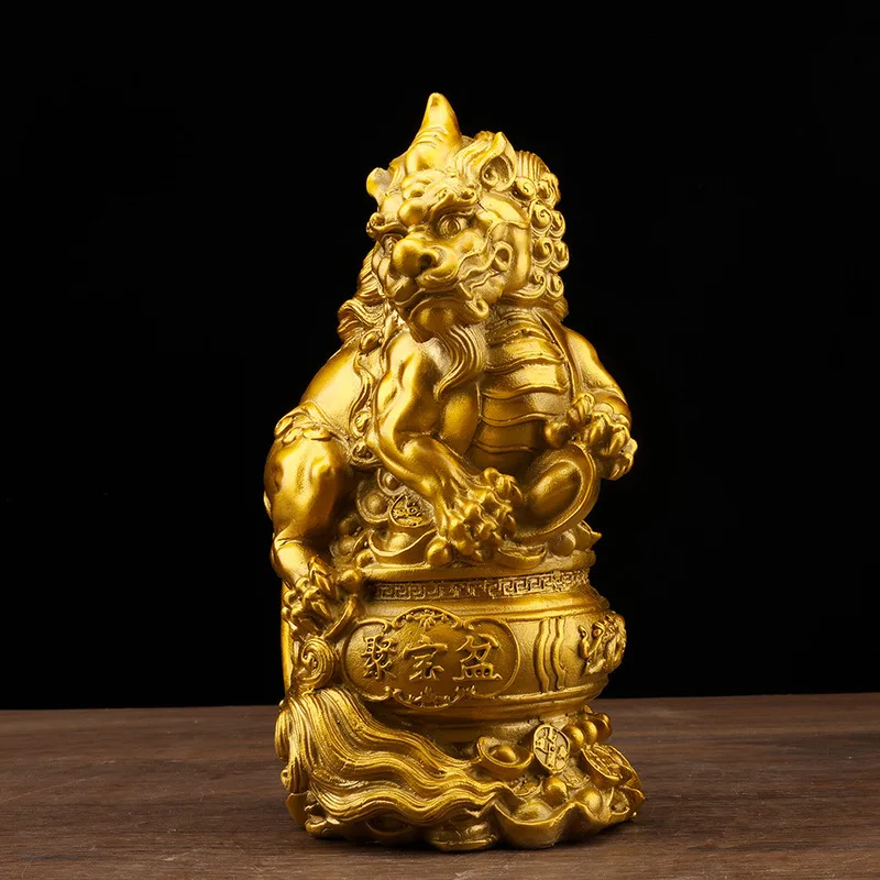 Pure brass with ornament, treasure bowl base, Pixiu unicorn, -attracting and wealth-preserving home de