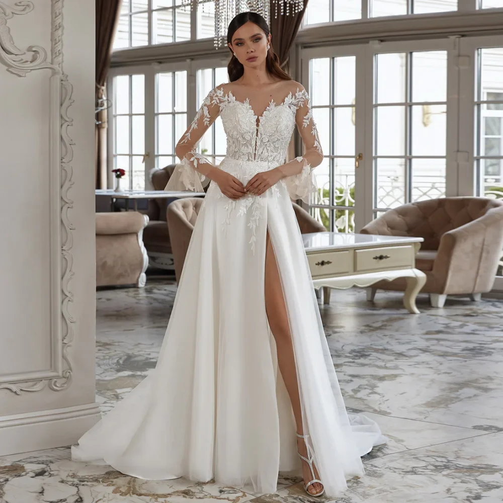 

Flavinke Vestido Novia Wedding Dresses 2024 Flare Sleeves Scoop Neck Beading Applique High Slit Sweep Train A Line Bridal Gown