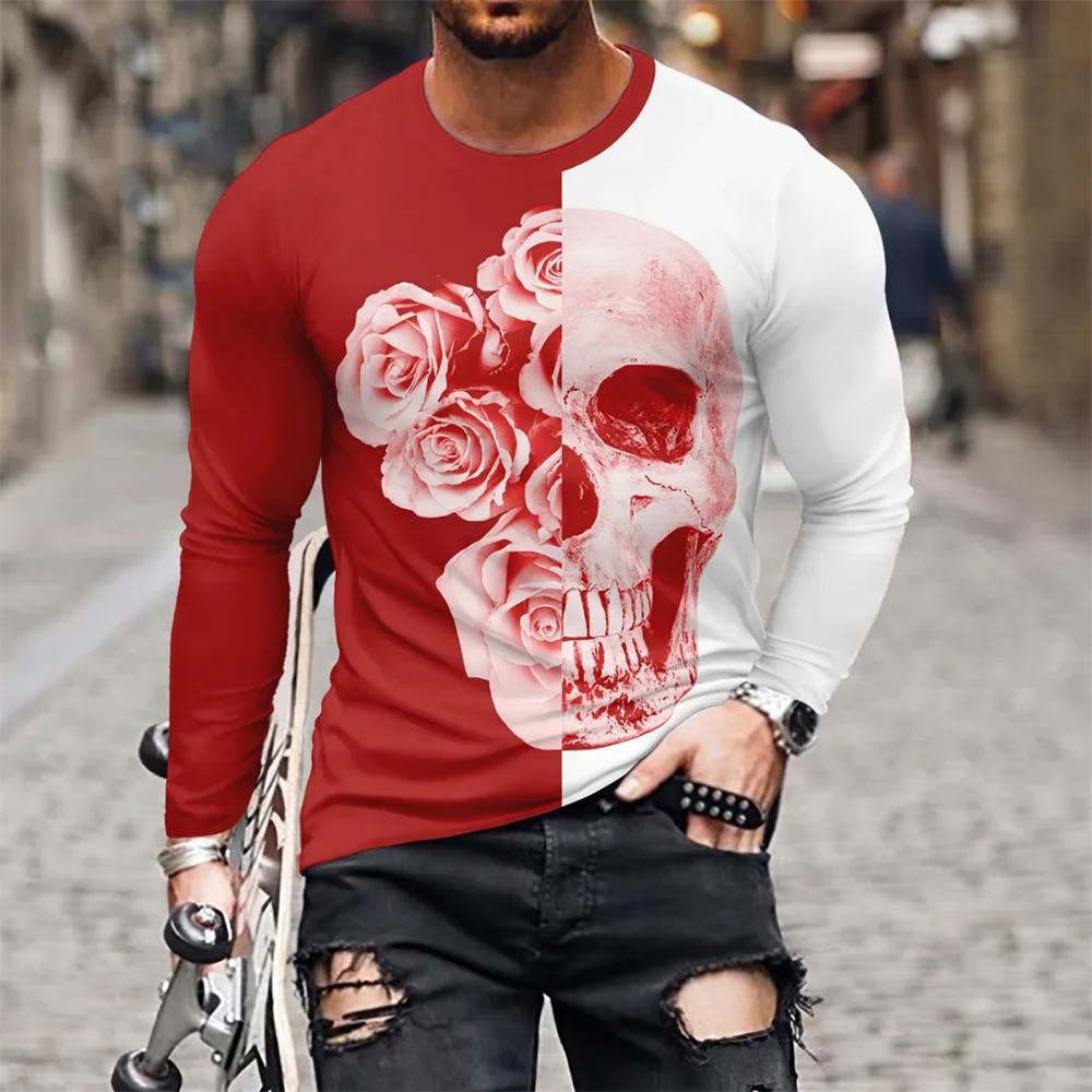 Funny 3D Skull Print Men's T Shirt Hip Hop Trend Harajuku Streetwear Casual O-neck Long Sleeve T-shirt Fashion Loose Cotton Tops