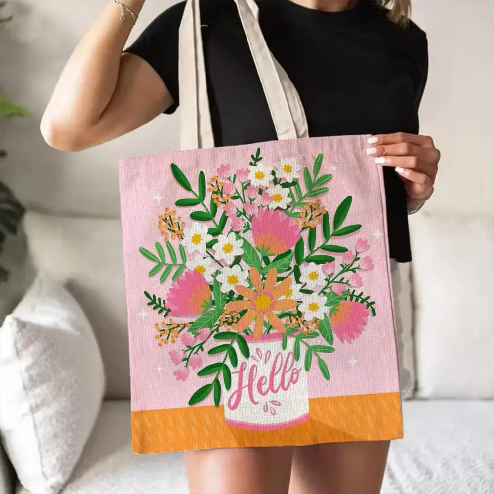 Artistic Potted Plants Storage Bags Double-Sided Print Canvas Tote Bag Fashion Large Capacity Women's Shoulder Handbag
