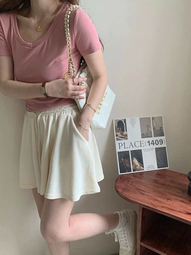 Solid Shorts Skirts Women High Waist Loose Wide Leg Pleated Summer All-match Streetwear Fashion Simple Leisure Female Students