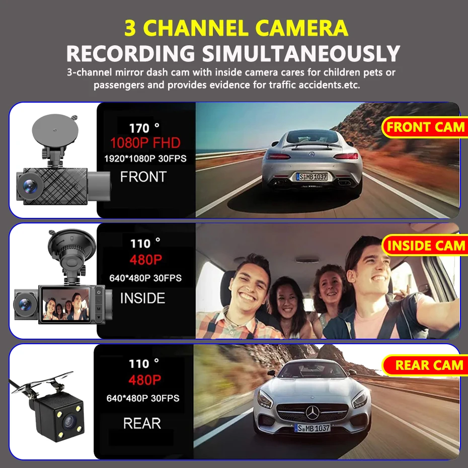 3 Channel Dash Cam for Car Camera Video Recorder Dashcam DVRs Black Box Dual Lens DVR with Rear View Camera 24H Parking Monitor