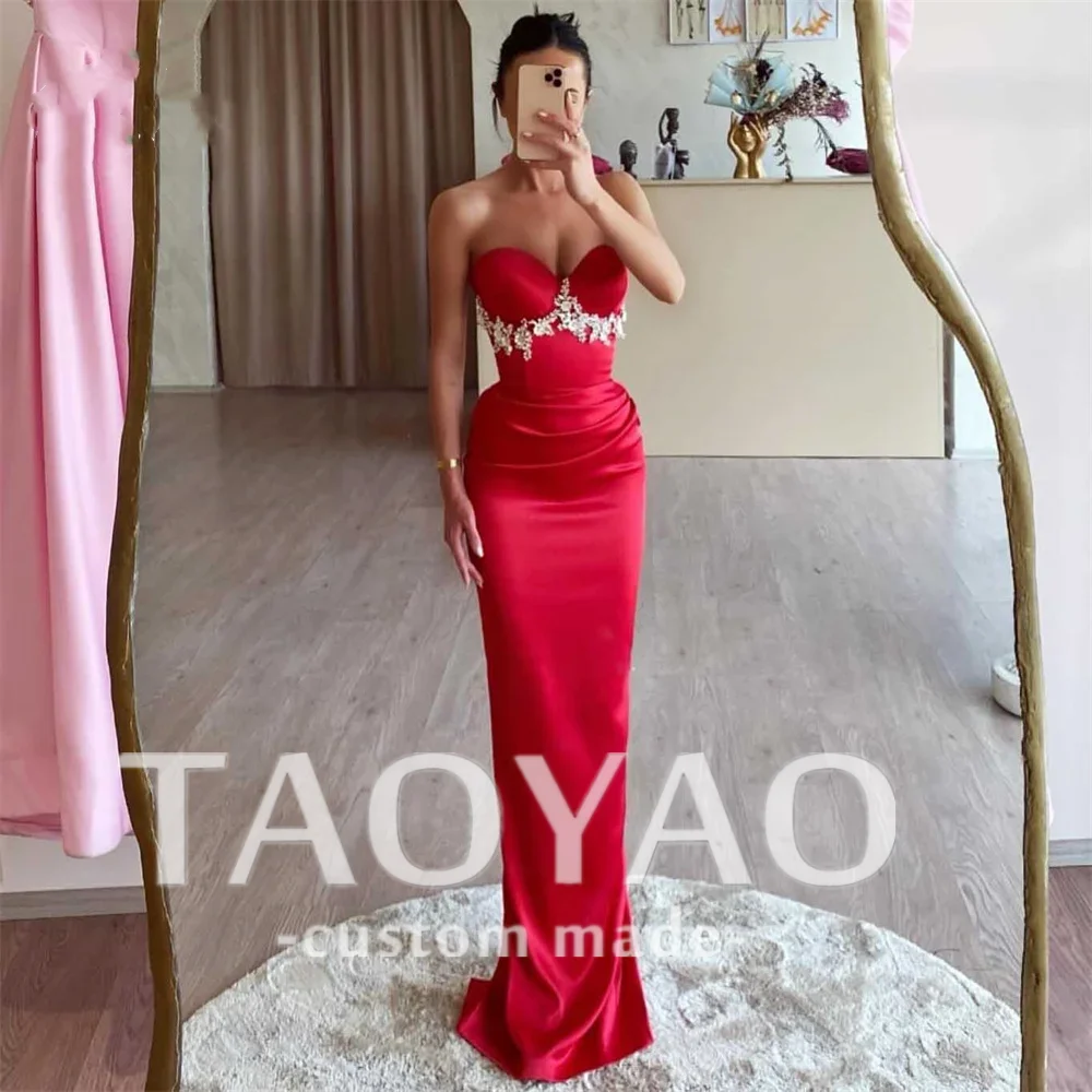 

Red Satin Customized Evening Dress Gown Trumpet Sexy Pleat Sweetheart Night Dress Gown with Crystal Custom robes de soirée