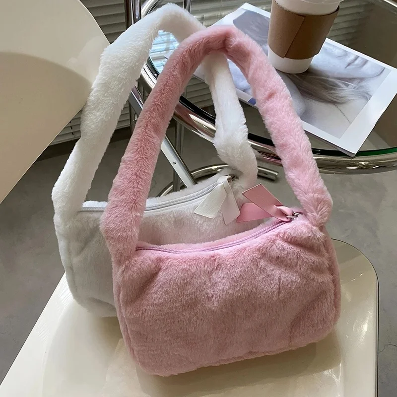 Fashion New Plush Fluffy Shoulder Crossbody Handbags Vintage Women Solid Color Underarm Bag Portable Square Travel Street Purse