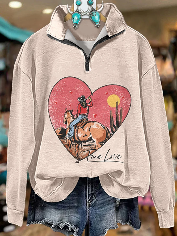 Valentine's Day Western True Love Zipper Sweatshirt