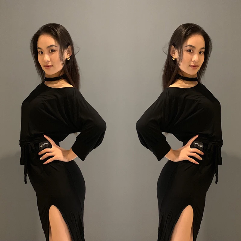 Latin Dance Dress Women Adult Black Loose Practice Clothes Bat Sleeves Slit Dress Tango Costume Rumba Dance Clothing DNV18807