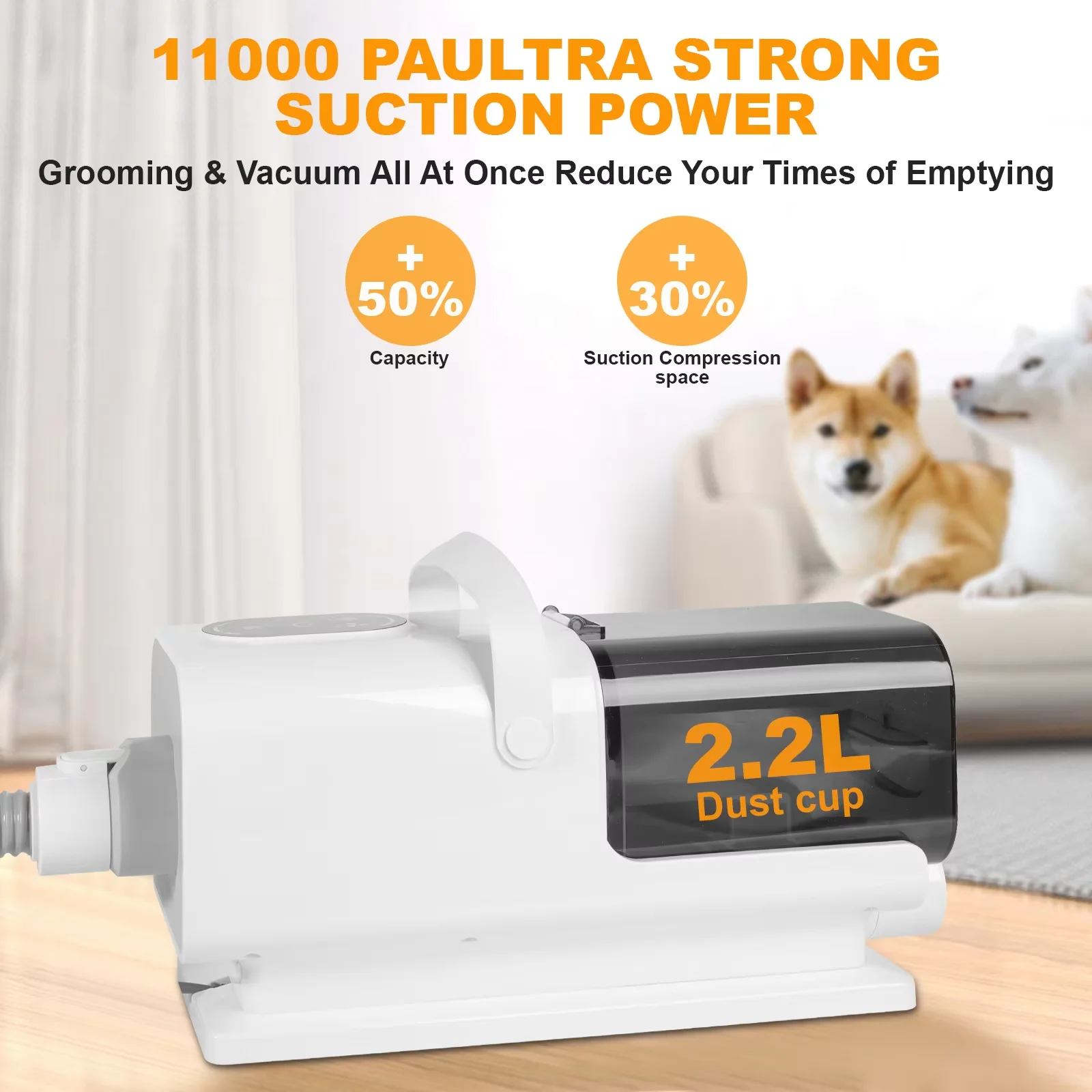 Kit de aseo para mascotas: aspiradora para pelo de gato/perro con depósito de 2,2 litros, secador de pelo para mascotas con velocidad y temperatura ajustables, limpiador de pelo para mascotas de bajo nivel de ruido.