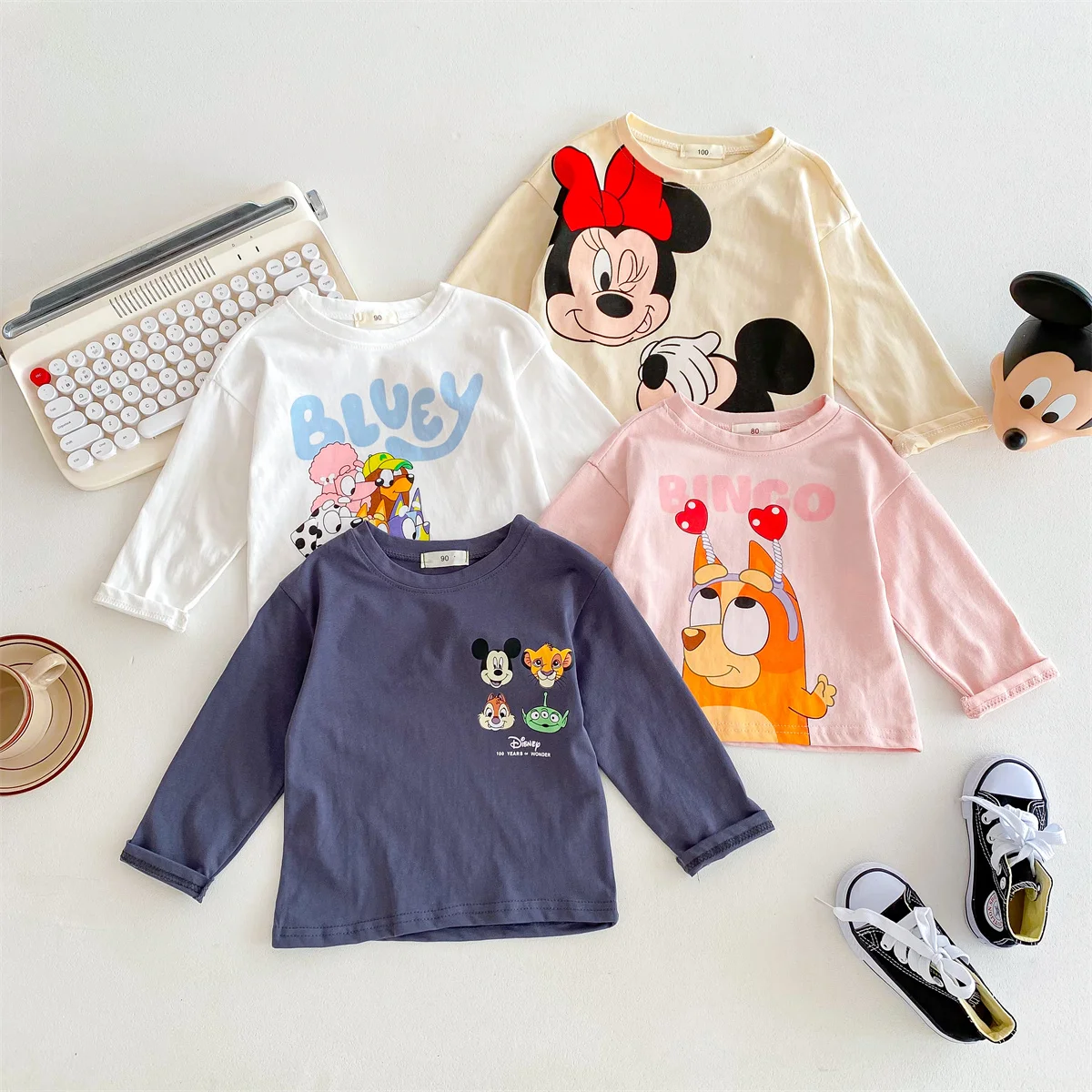 2024 Spring New Long Sleeve T-shirt Printed Cartoon Mickey Kids Girl Base Shirt Crewneck Pullover Tops Children's Clothes Blouse