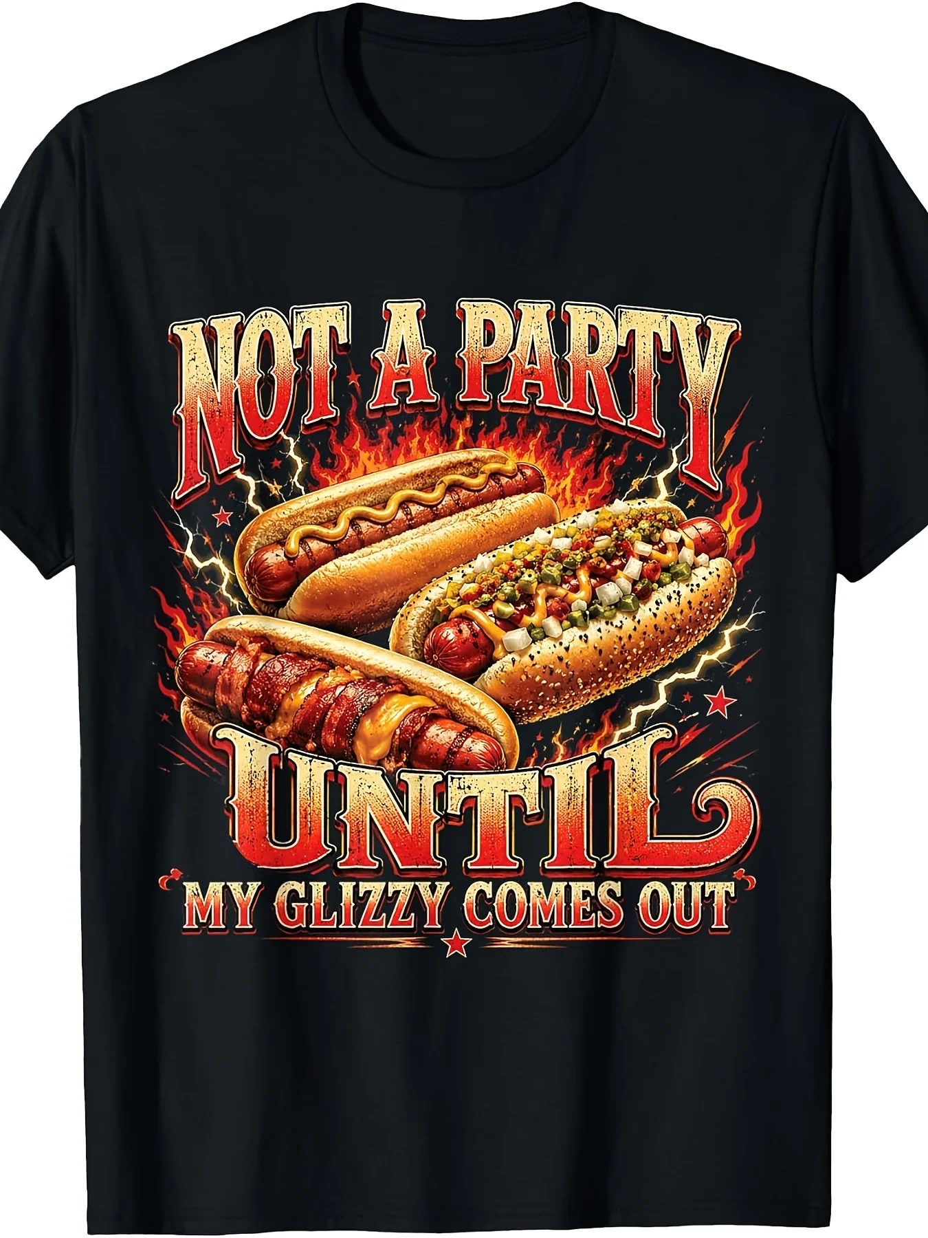 Not A Party Until Glizzy Funny Wiener Hot Dog Meme T-Shirt Retro Casual Crew Neck Printed T-Shirt