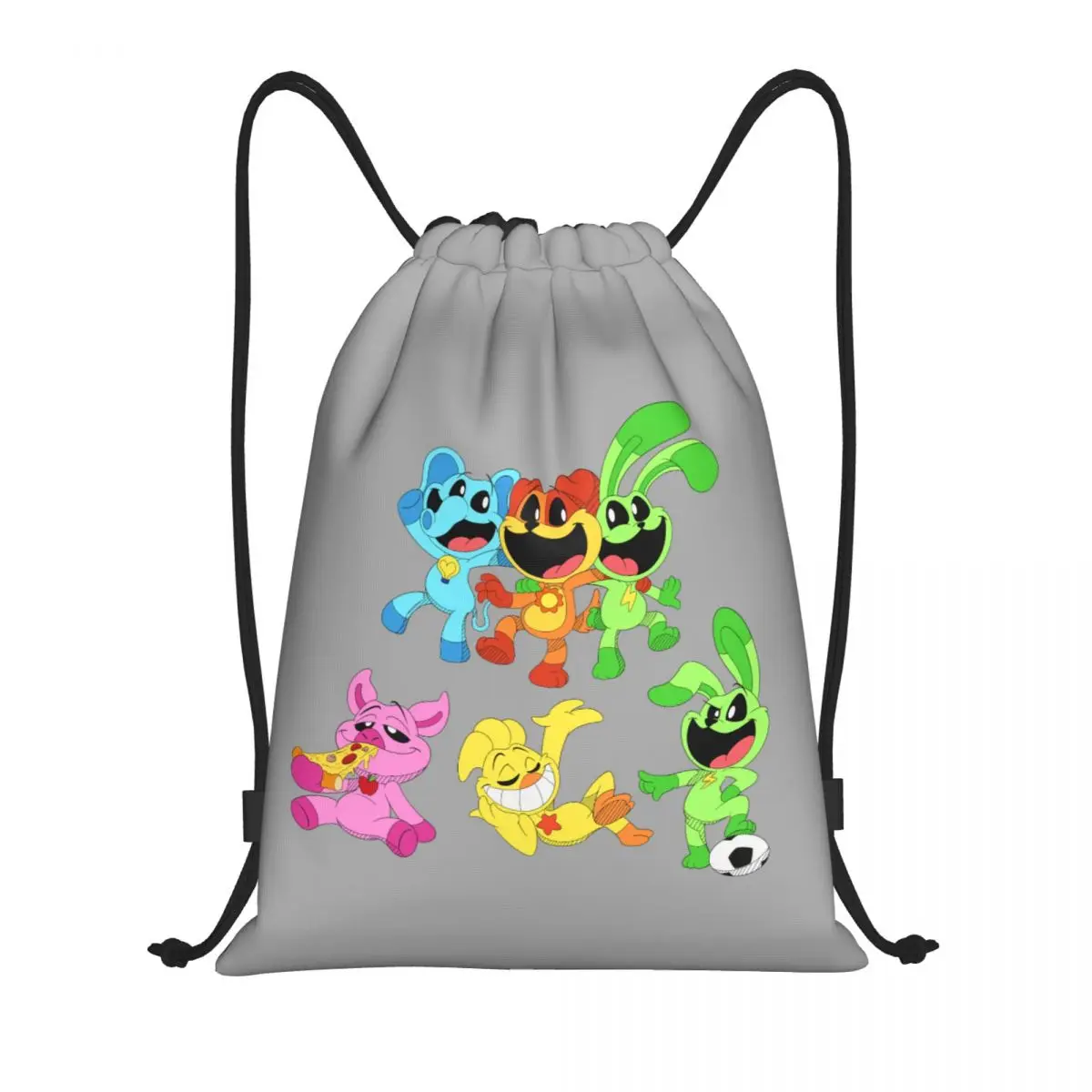 Custom Colorful Smiling Big Mouth Critters Group Drawstring Backpack Sports Gym Bag for Scarry Animated Game Training Sackpack