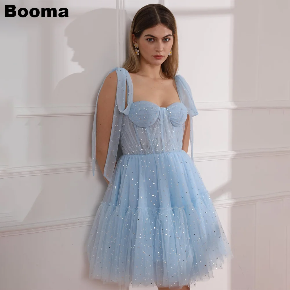 

Booma Light Blue Starry Tulle Mini Prom Dresses Sweetheart Bow Straps Ruched Cocktail Dress Birthday Party Gowns Occasion Gown