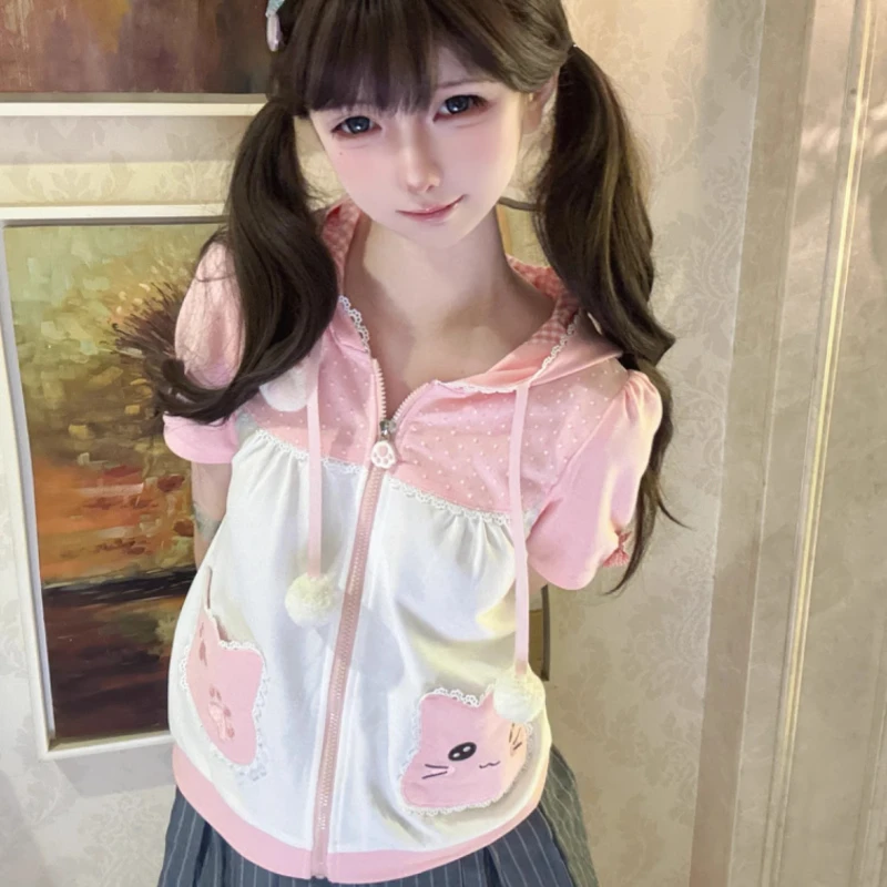 Original Summer Women's Clothing Cartoon Printing Pink White Splicing Bubble Sleeve Hooded Top Bow Sweet Versatile Female Coat