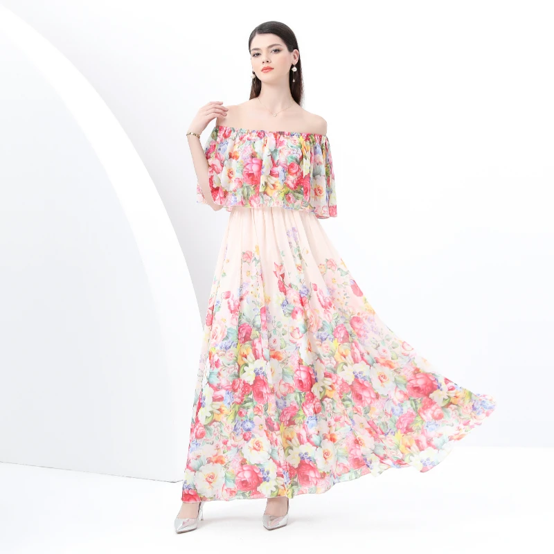 

Early Spring 2025-Painted Vacation off-Shoulder Ruffled Holiday Floral Print Long Dress