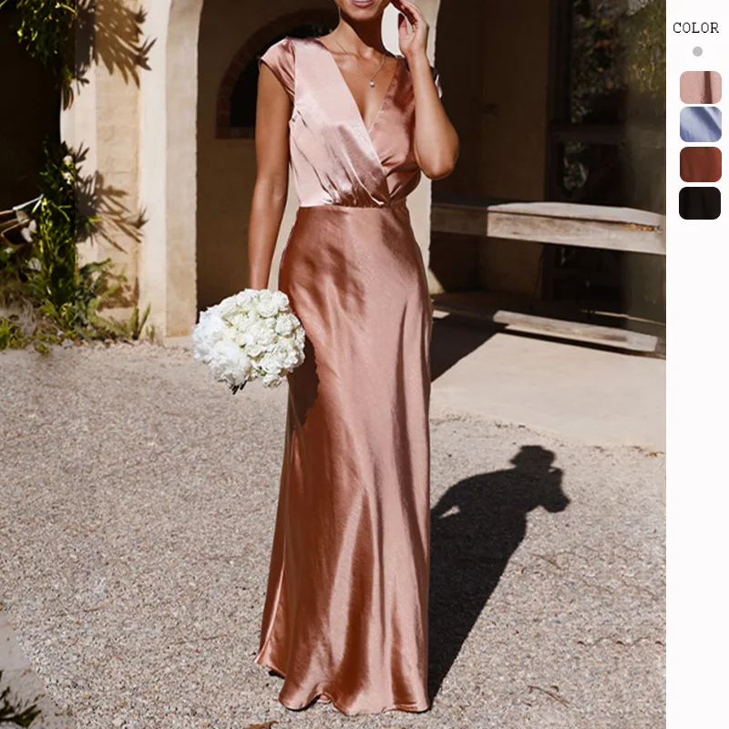Image of Kleid 2026 Frühling Sommer Neuer Stil Satin Einfarbig V-Ausschnitt Sexy Meerjungfrauenkleid Elegantes Partykleid Langes Abendkleid für Damen