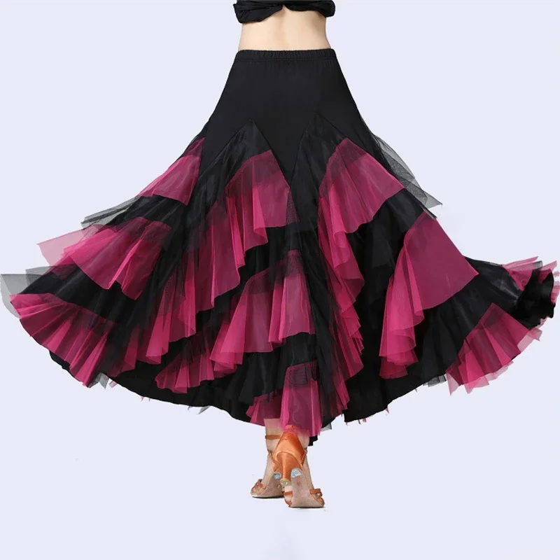 Moderna sala da ballo grande gonna altalena per le donne elegante raso multistrato abbinato colore Waltz Tango latino Dancedress