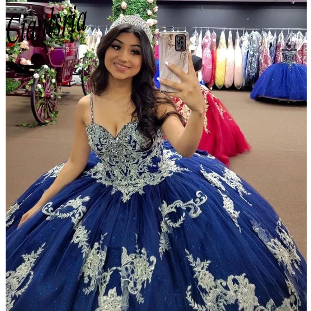 Royal Blue Princess Quinceanera Dress Spaghetti Straps  Lace Appliques  Ball Gown Masquerade 15 Party Gowns