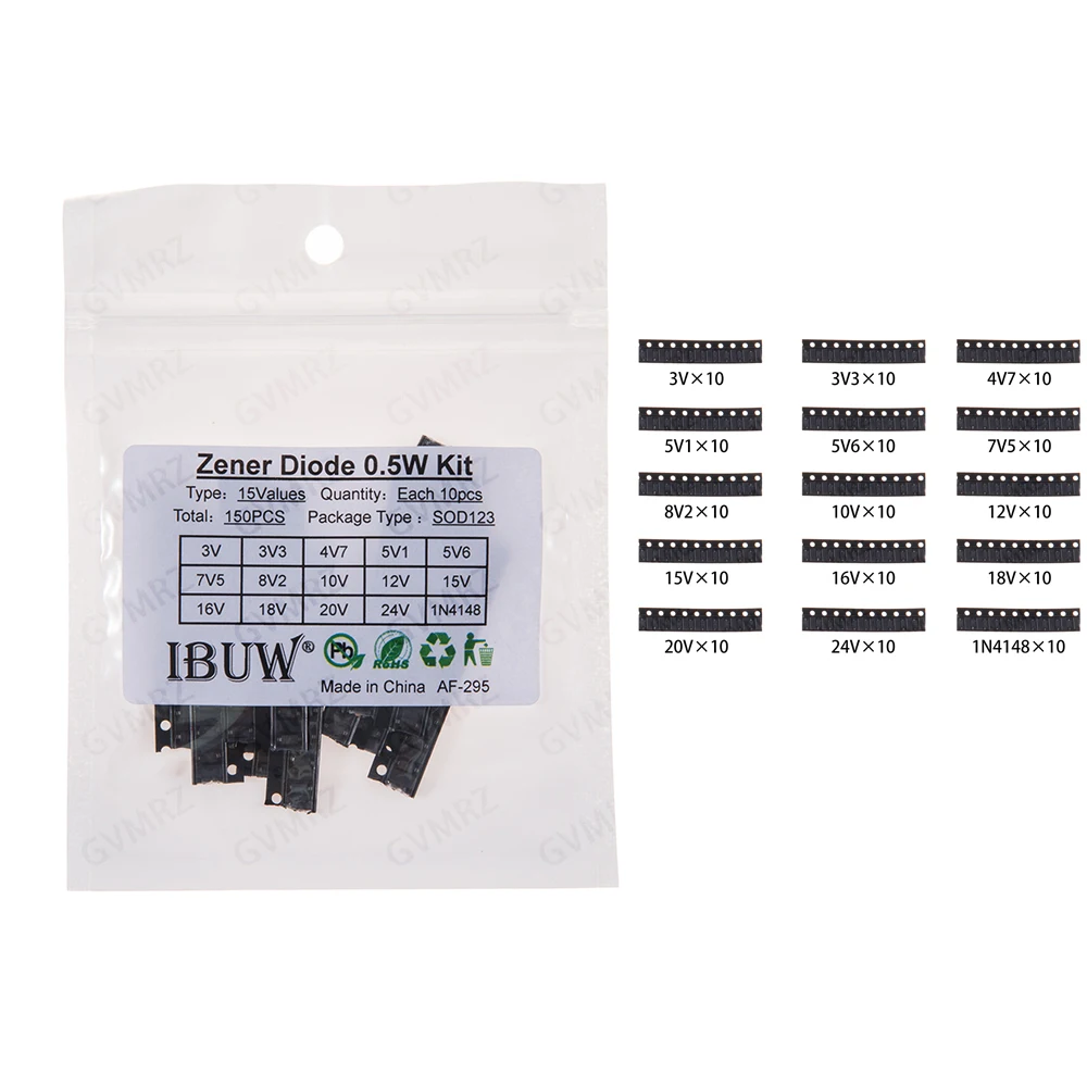 150PCS 5V6 8V2 15Values 0.5W Zener Diode Kit 3V-24V 1N4148 SOD123 for Voltage Regulation Projects 4V7 5V1 10V 16V 18V  24V 20V