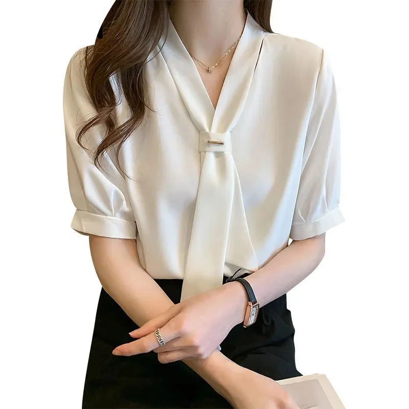 Elegant V-neck Chiffon Top 2022 Korean Ribbon Women Shirts Blouses Chic Office Lady Short Sleeve Shirts Top Fashion Bow Tie Shir