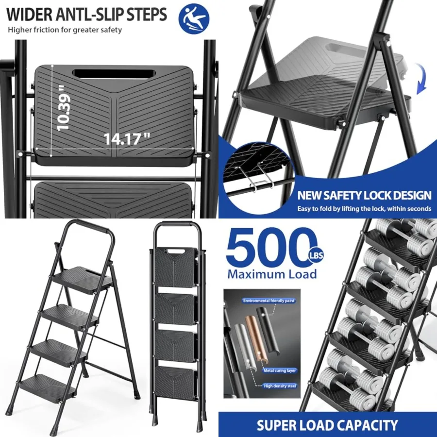 

Folding, Portable Ladder for Multi-Purpose, Home, Kitchen, Heavy Sturdy Steel Step Stool with Anti-Slip Wide Pedals, Handrail,