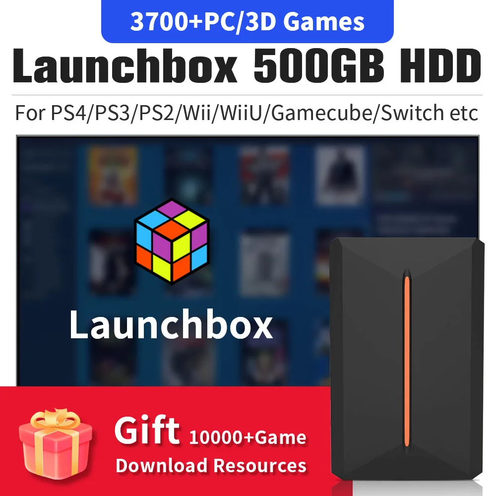 Launchbox 500G Portable Game Hard Drive Hyper Base Lbox Gaming HDD with 3700 PC/3D Game for PS4/PS3/PS2/Wii/WiiU/Switch/Gamecube